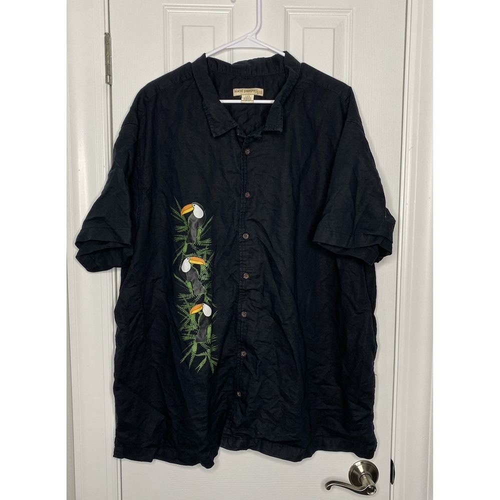 Island Passport Mens Linen Blend Button Front Shirt Black‎ Toucans 3XL